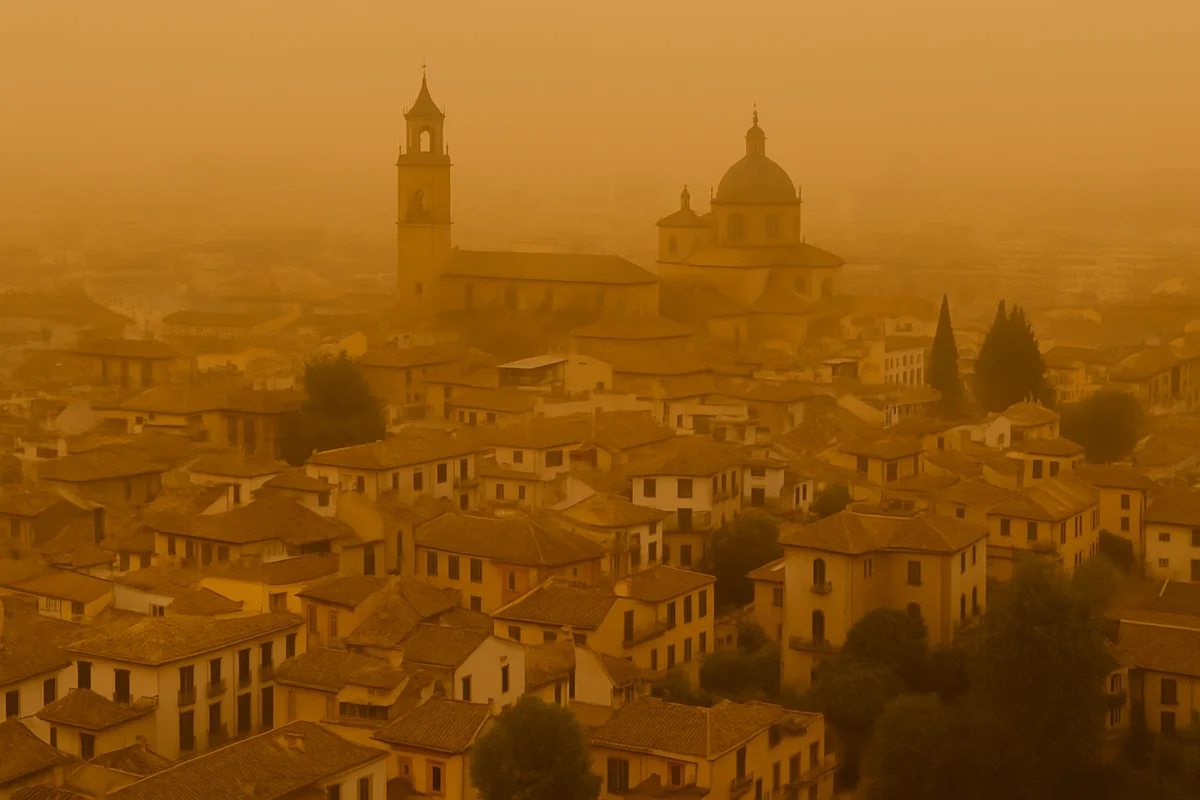 Ciudad europea bajo una densa calima sahariana