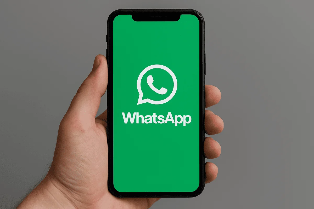 Logo de WhatsApp en la pantalla de un smartphone sostenido por una mano