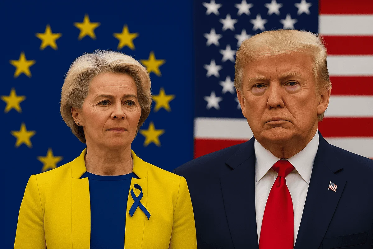 Ursula von der Leyen y Donald Trump juntos, con las banderas de la Unión Europea y Estados Unidos al fondo