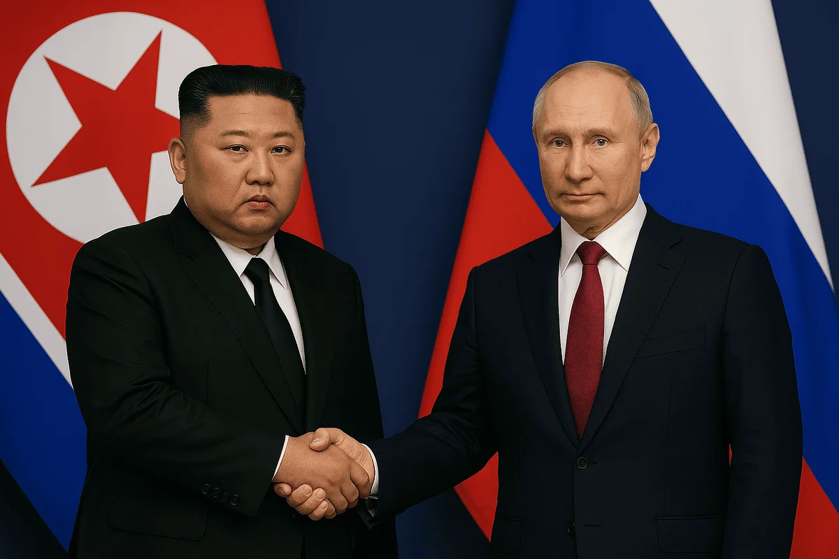 Reunión entre Kim Jong-un y Vladimir Putin con banderas de Corea del Norte y Rusia de fondo
