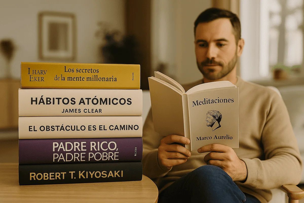 Hombre leyendo Meditaciones de Marco Aurelio junto a una pila de libros sobre éxito y finanzas