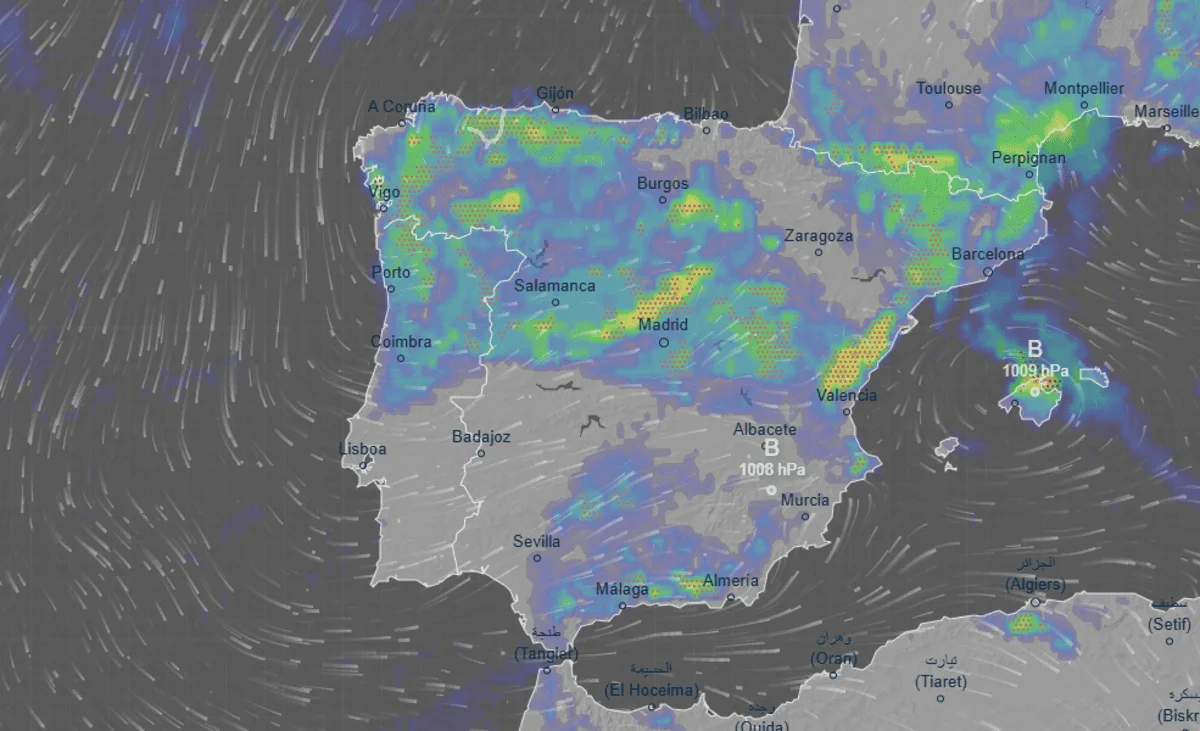 Mapa meteorológico con lluvias en España previsto para el viernes 9 de mayo de 2025