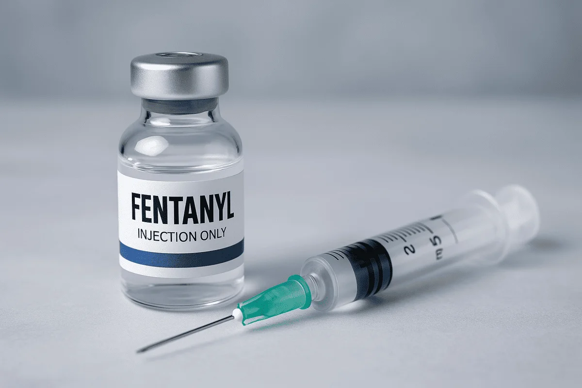 Vial médico etiquetado como fentanilo y una jeringa en un entorno clínico, símbolo de la crisis de opioides