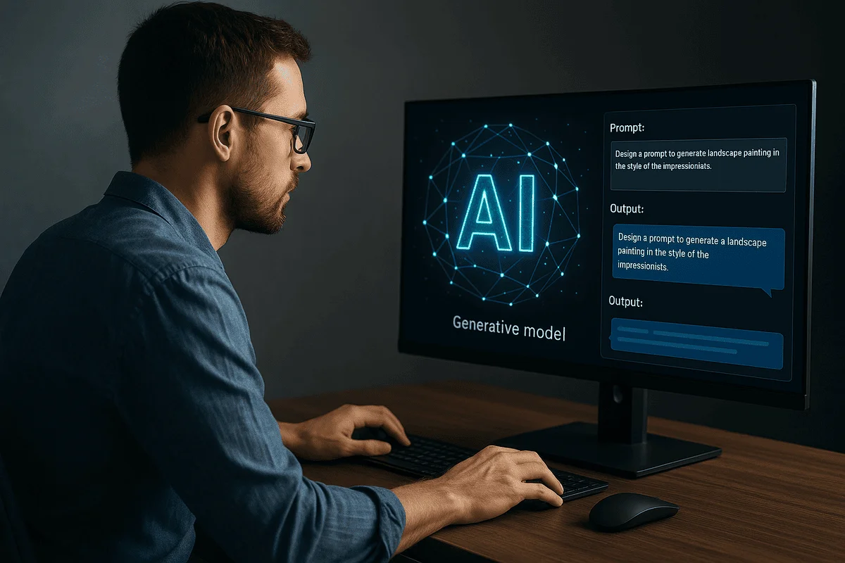 Profesional diseñando prompts frente a un modelo generativo de inteligencia artificial