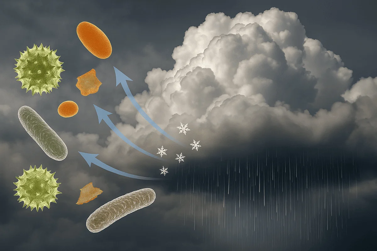 Ilustración de partículas biológicas ascendiendo hacia nubes