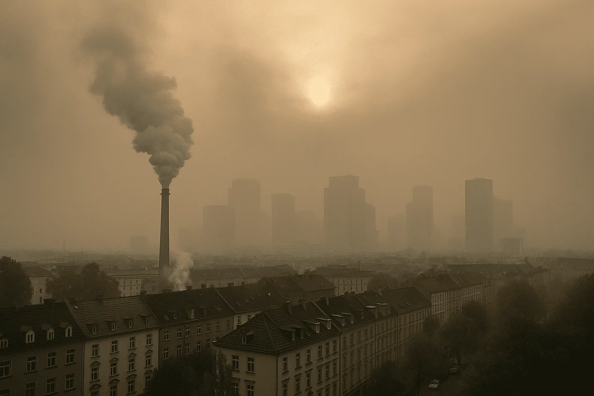 Ciudad europea bajo denso smog industrial al atardecer