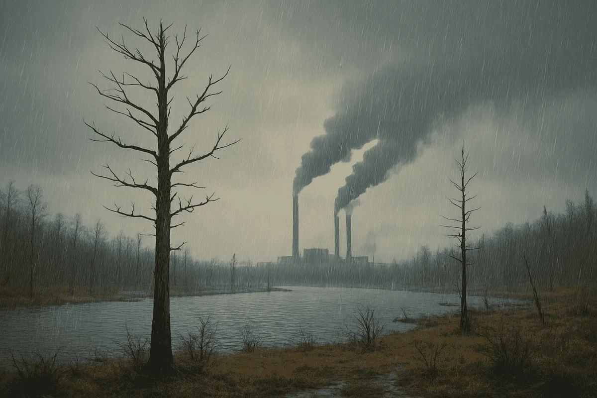 Contaminación industrial y lluvia ácida sobre un paisaje con árboles muertos y agua contaminada