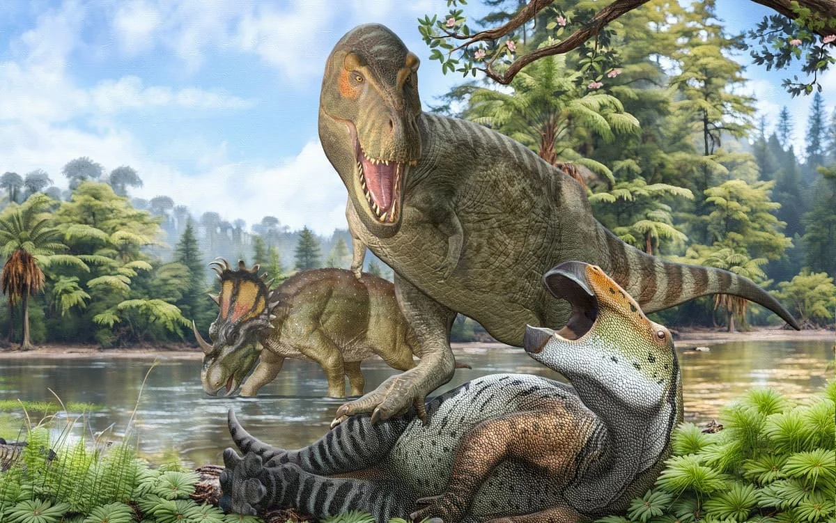 Tyrannosaurus rex cazando a un hadrosaurio en el Cretácico tardío