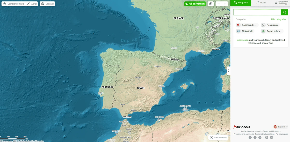 Captura de Mapy.com mostrando el mapa detallado de la península ibérica