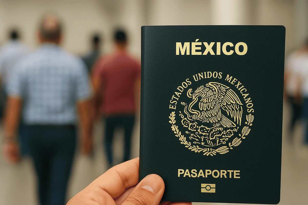 Pasaporte mexicano en primer plano mientras jóvenes caminan en segundo plano