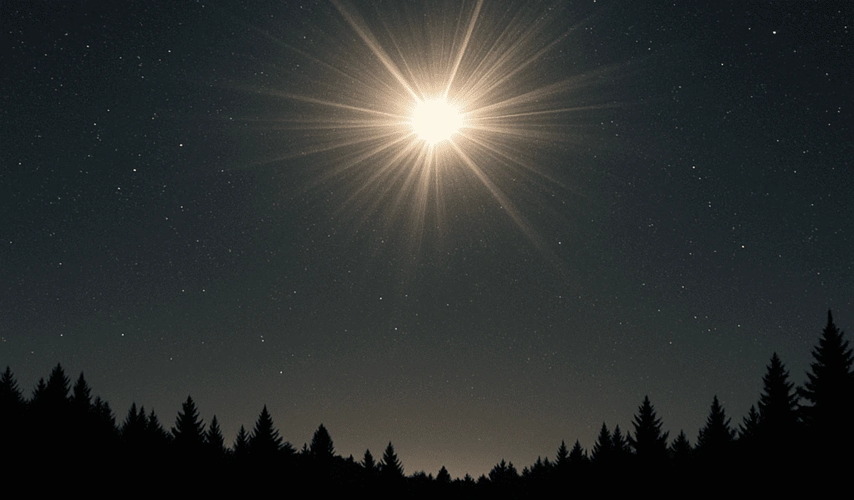 Nova brillante visible en el cielo nocturno sobre un bosque oscuro