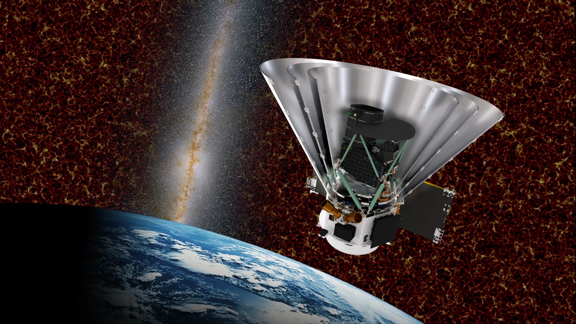 Ilustración del telescopio espacial SPHEREx observando el universo desde la órbita terrestre