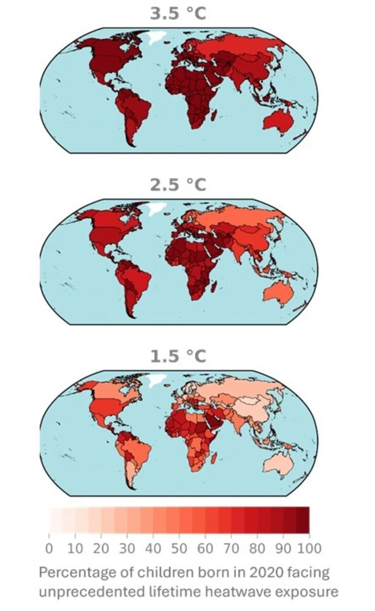Mapas del mundo muestran la exposición de los niños nacidos en 2020 a olas de calor, según escenarios de calentamiento global de 1.5, 2.5 y 3.5 grados