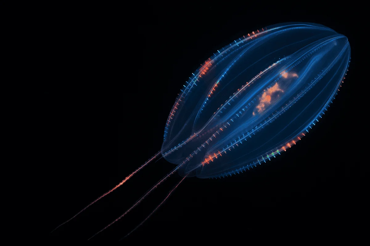 Mnemiopsis leidyi nadando en aguas profundas, con tentáculos y peines luminosos en tonos azulados y rojizos