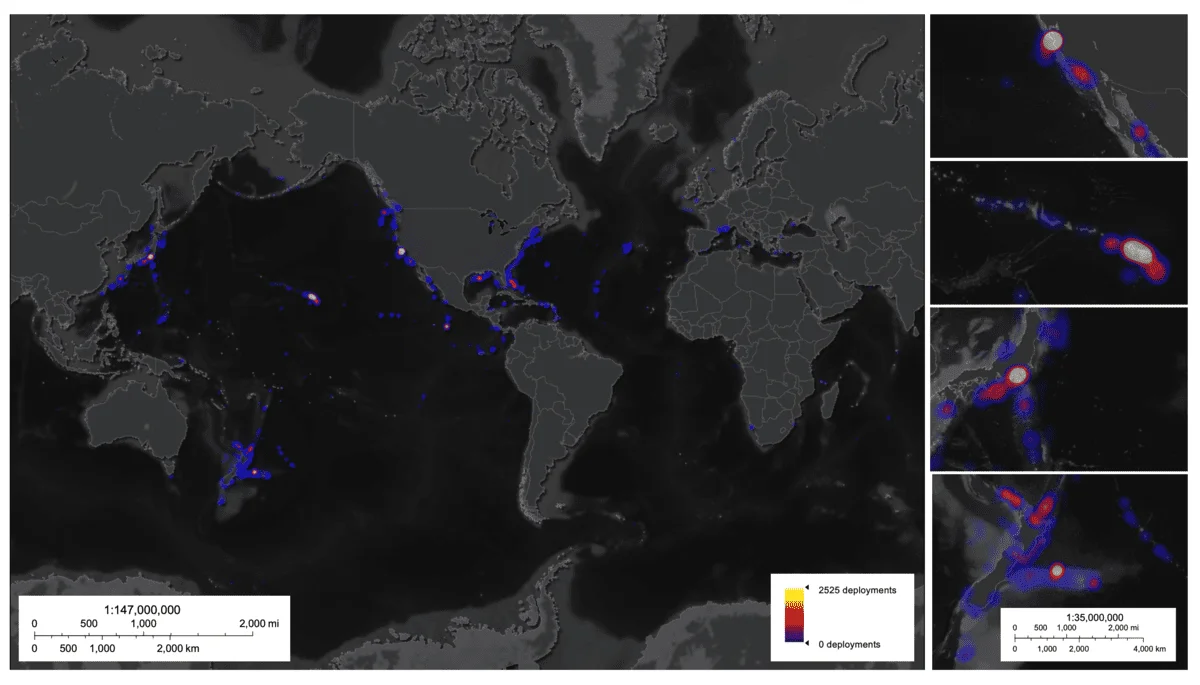 Mapa global del número de inmersiones profundas por región oceánica