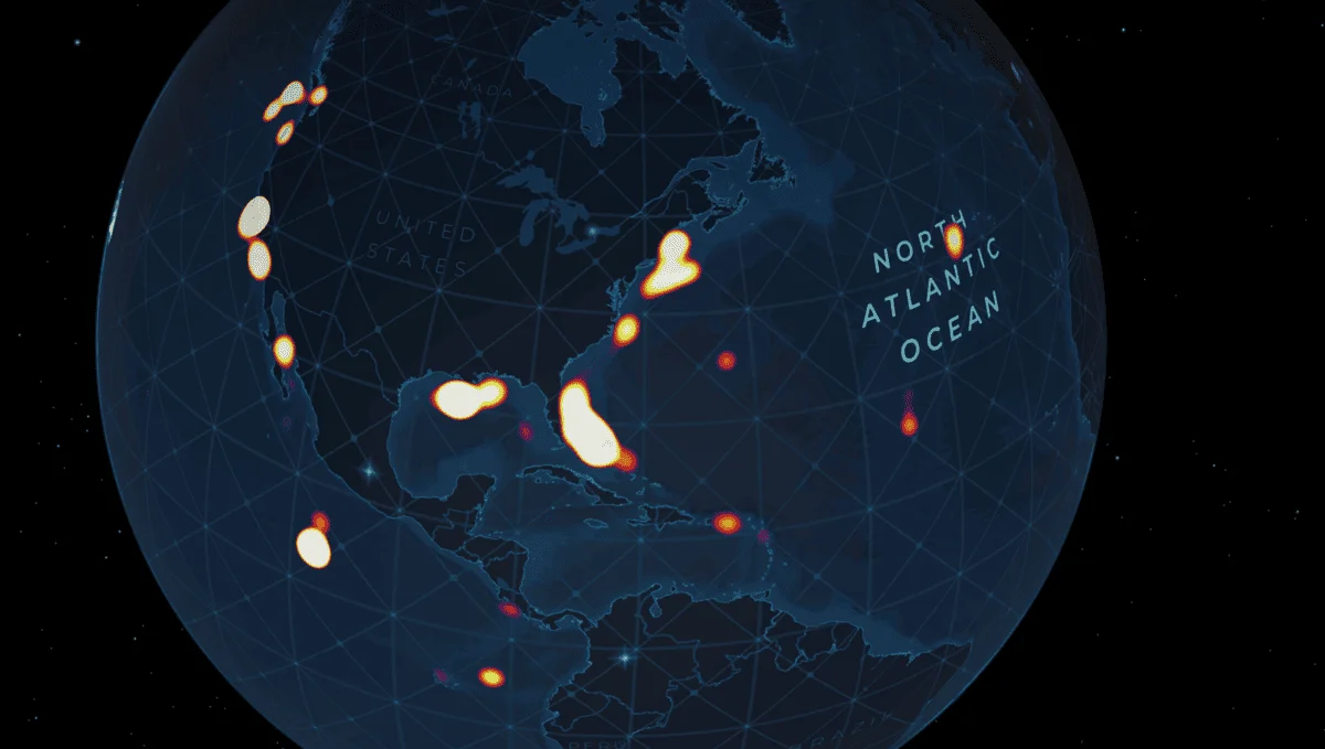 Mapa de calor de inmersiones profundas en el Atlántico Norte