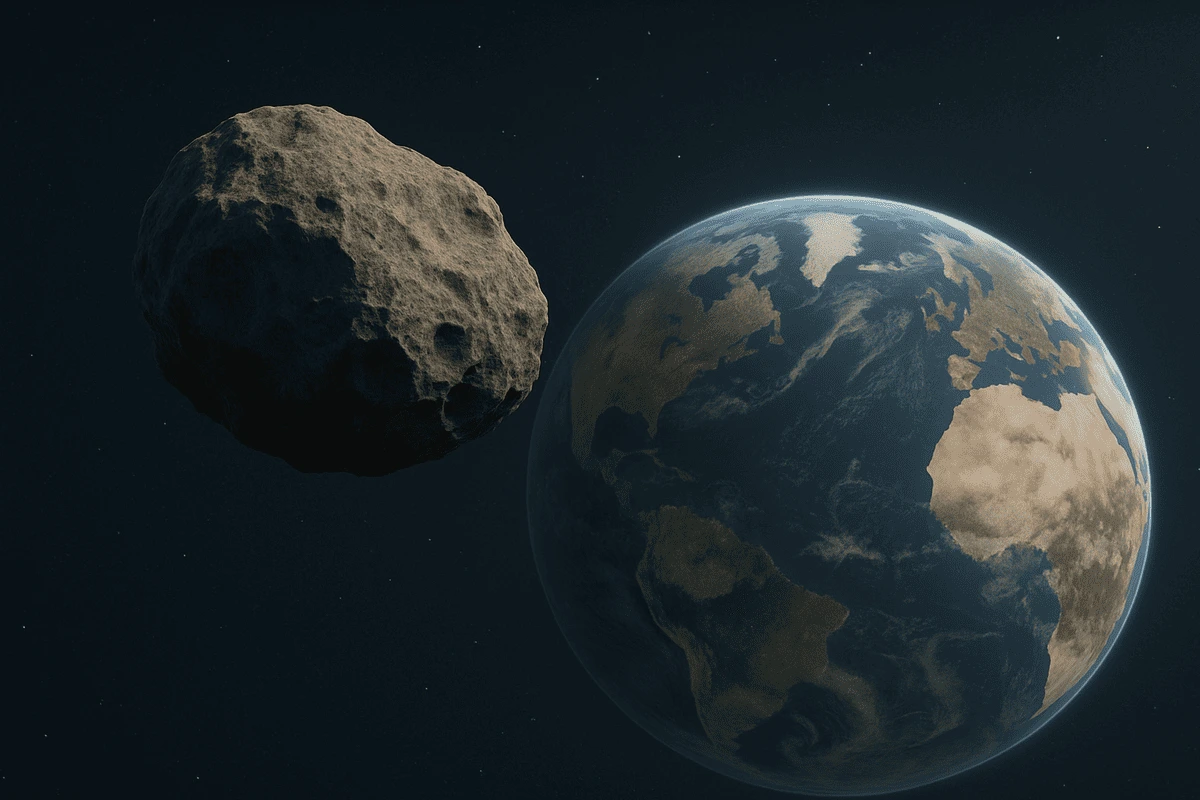 Representación realista de un asteroide aproximándose a la Tierra con detalles visibles de su superficie