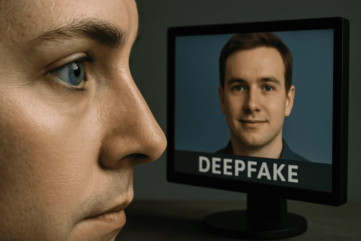 Comparación entre un rostro real y un deepfake mostrado en pantalla