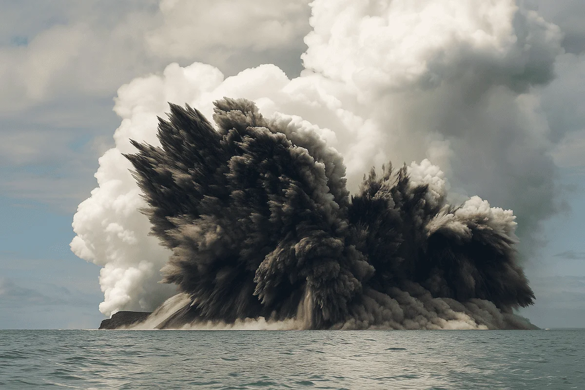 Explosión de un volcán submarino frente a la costa de Tonga, con grandes columnas de ceniza negra y vapor elevándose sobre el mar.