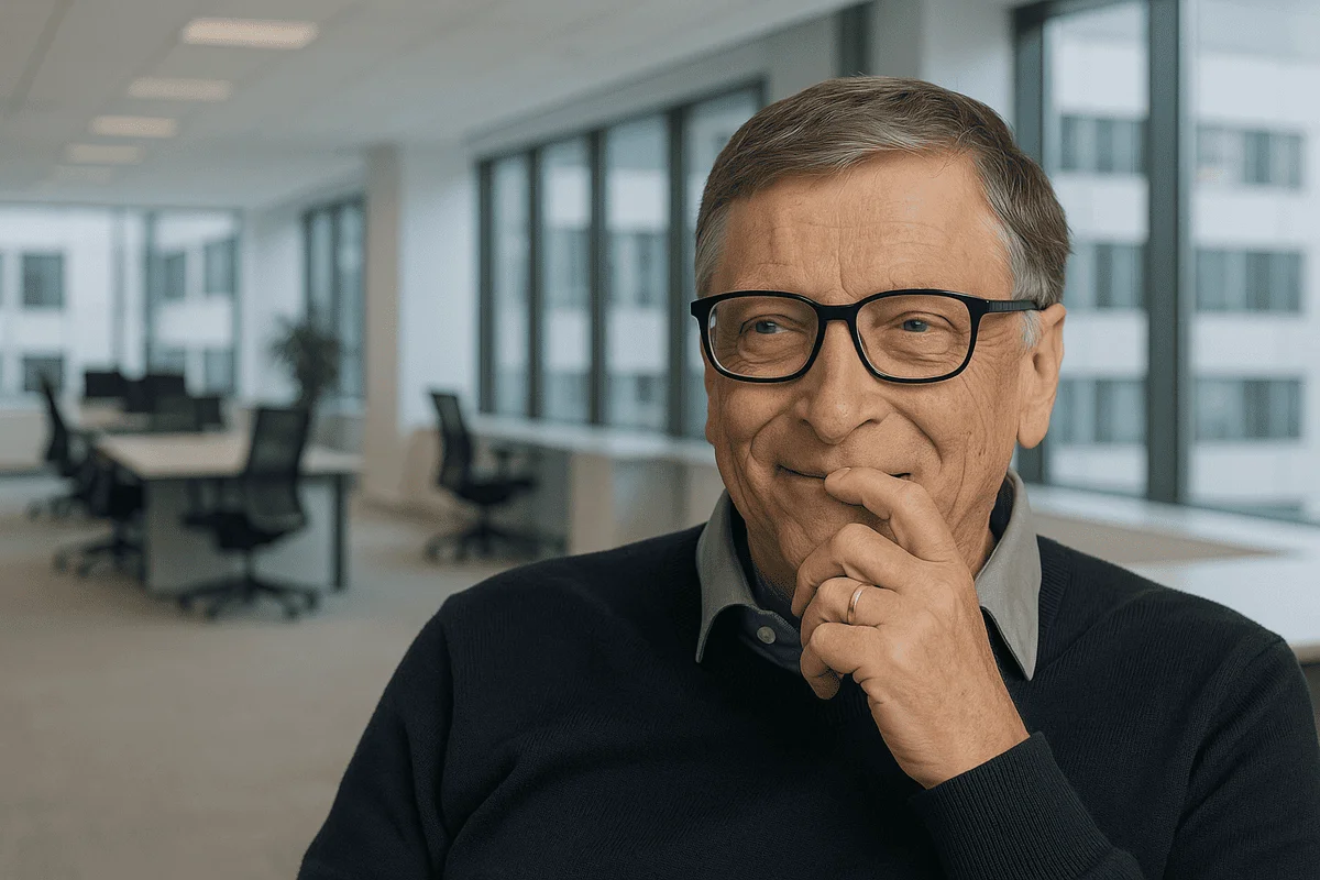Bill Gates con expresión pensativa en una oficina corporativa luminosa
