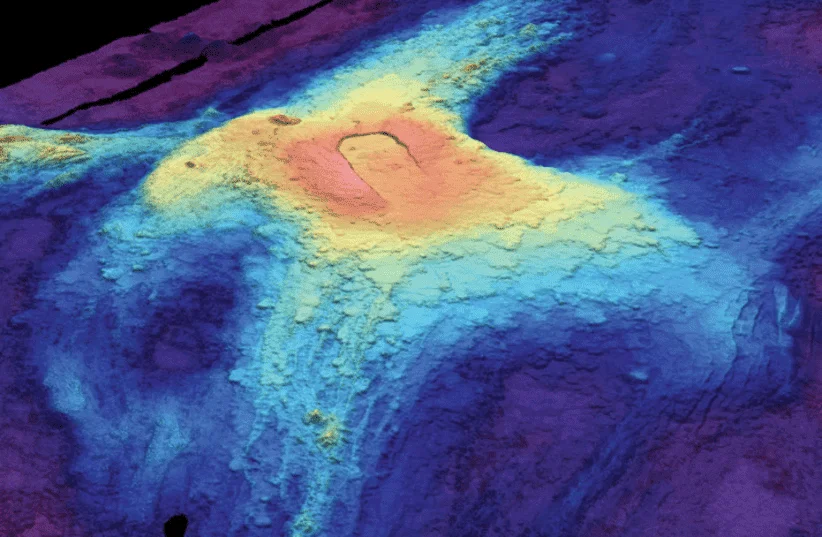 Mapa batimétrico en 3D del volcán Axial Seamount mostrando la caldera y los flujos de lava submarinos