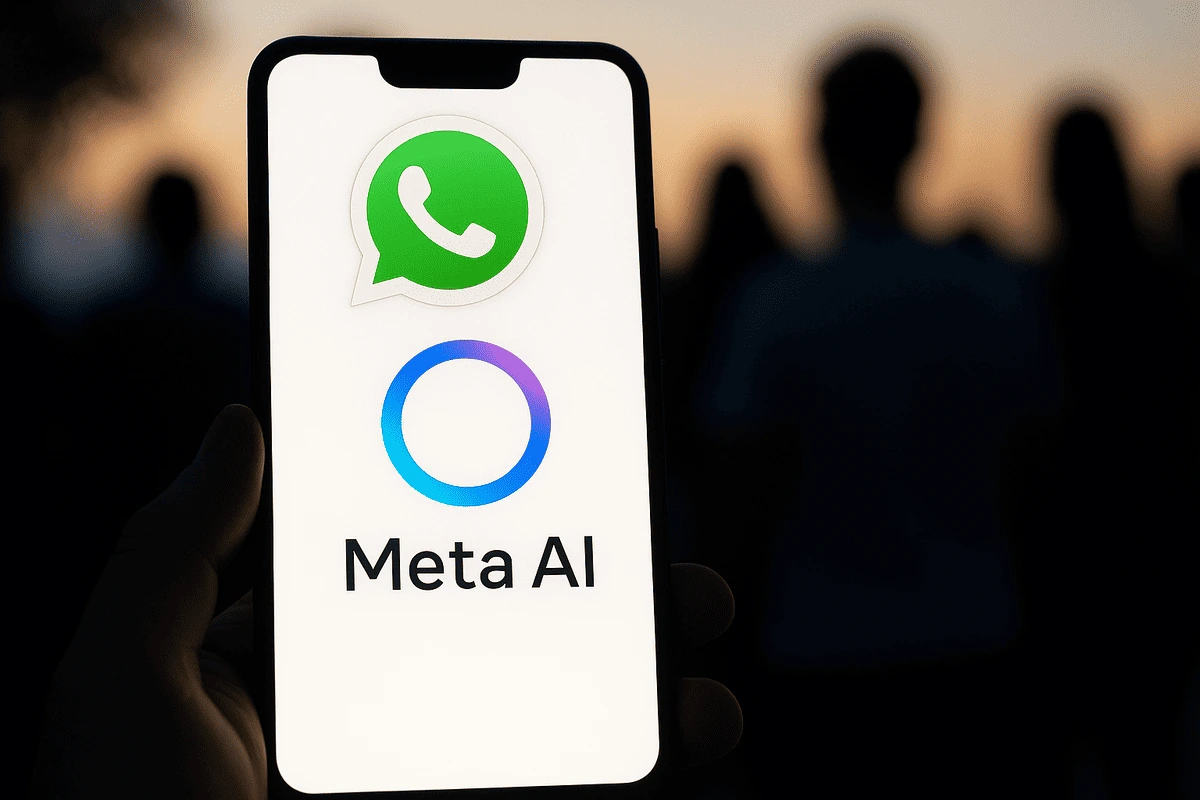 Logotipos de WhatsApp y Meta AI en la pantalla de un teléfono móvil
