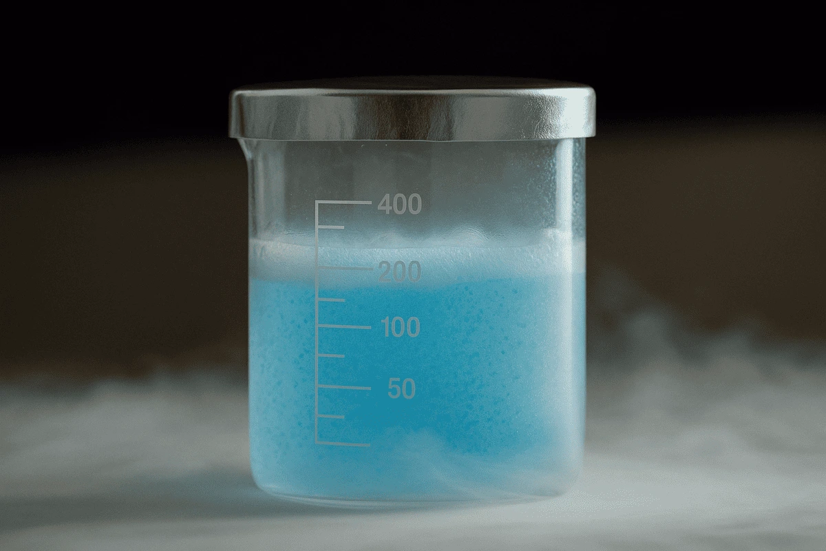 Oxígeno líquido de color azul en un vaso de laboratorio con graduación visible