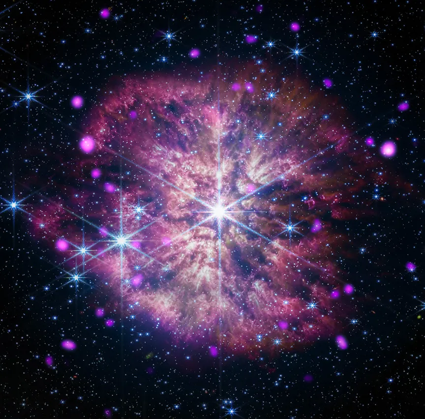 Imagen de la estrella Wolf-Rayet WR124, captada por los telescopios espaciales Chandra y Webb y convertida en sonido