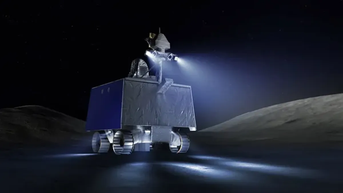 Ilustración artística del rover VIPER explorando regiones lunares en busca de hielo.