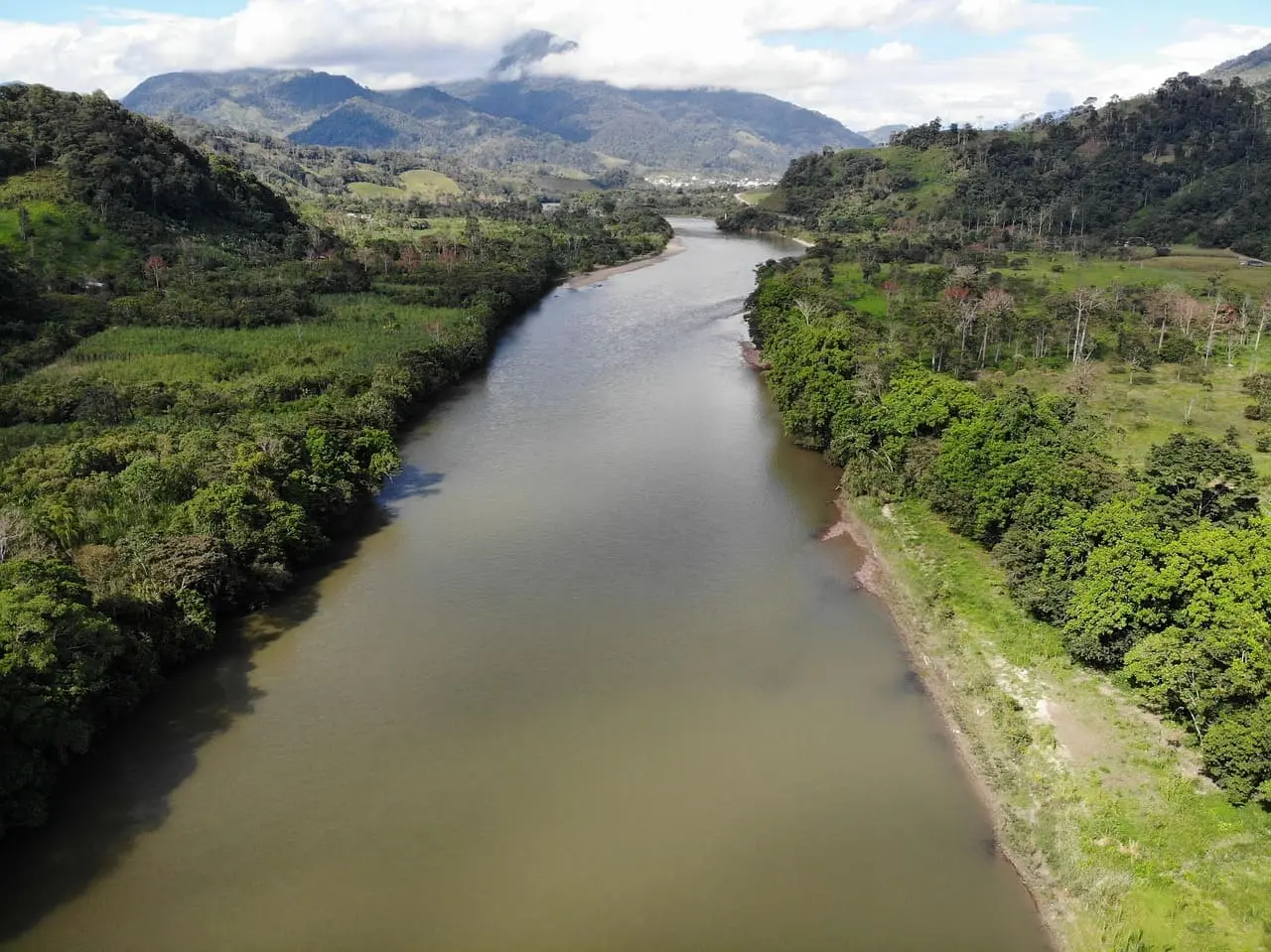 Vista aérea de un tramo del río Amazonas rodeado de vegetación impactada