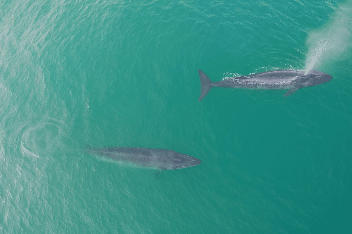 Ballenas sei en la superficie del océano vistas desde el aire