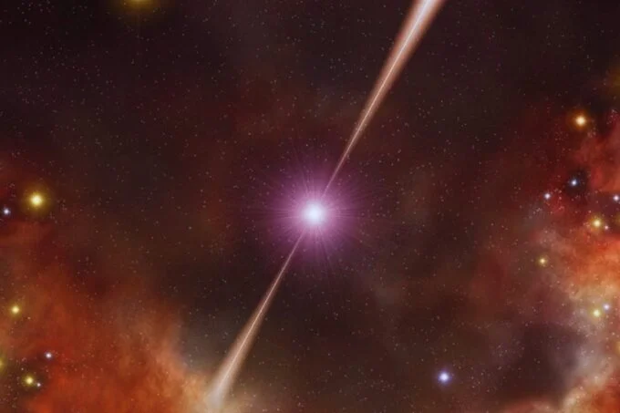 Representación de un estallido de rayos gamma observado en la región de la Gran Muralla de Hércules-Corona Boreal