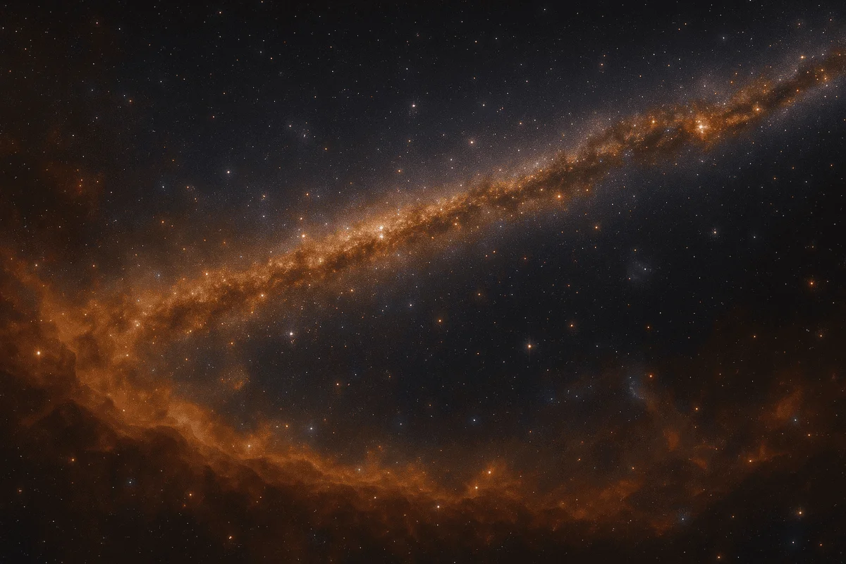 Imagen de una estructura cósmica inmensa observada por el telescopio Hubble, destacando nubes estelares y filamentos de polvo interestelar