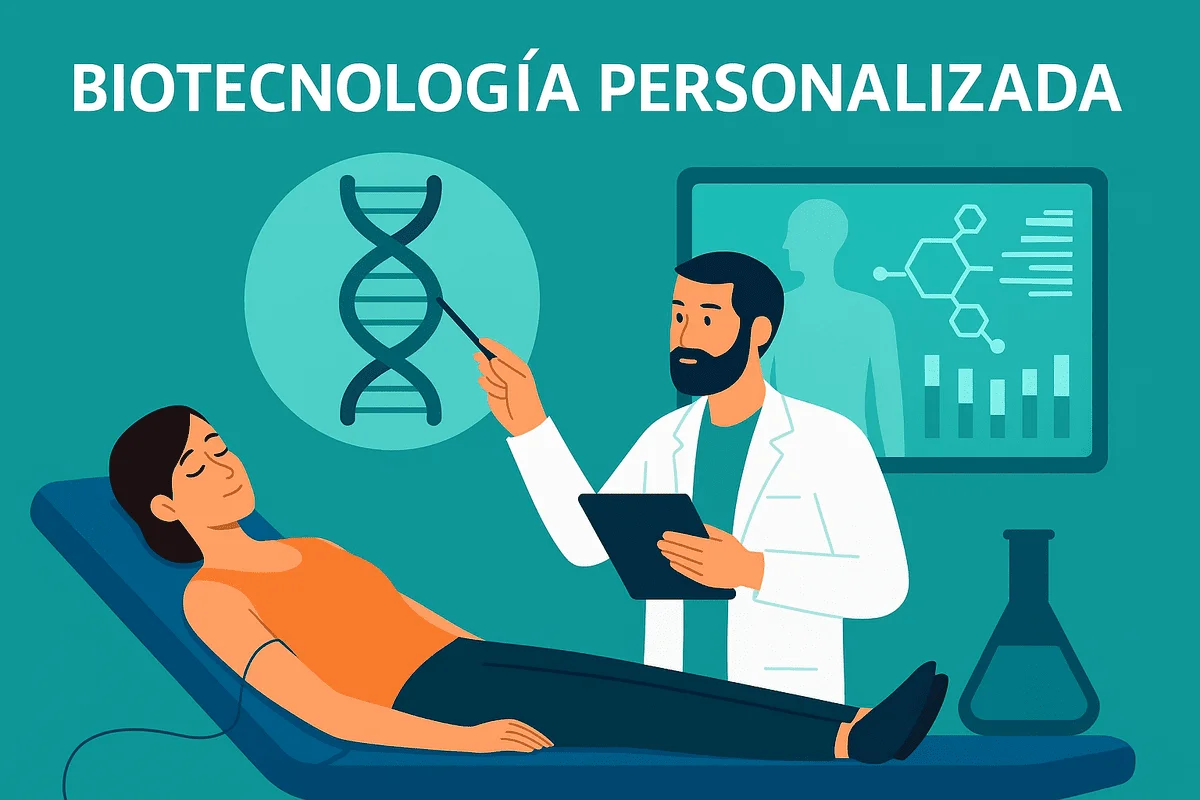 Médico explicando terapia genética personalizada a una paciente con icono de ADN