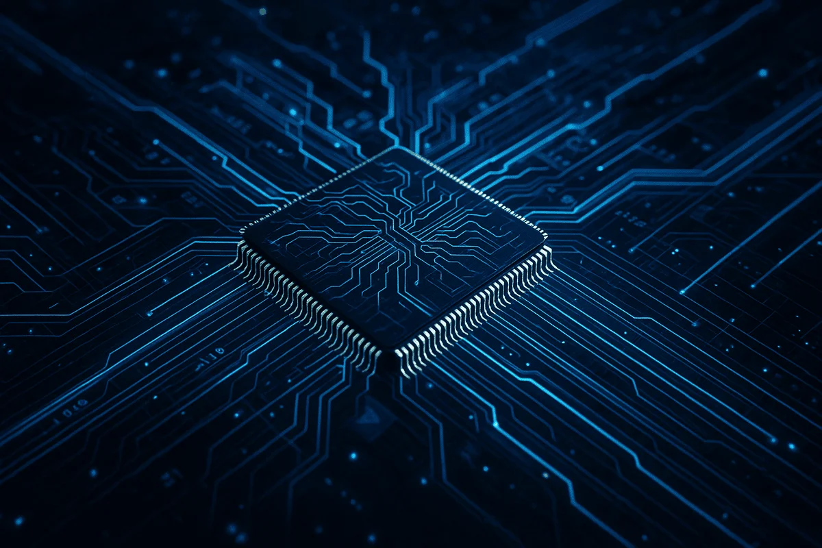 Representación digital de un chip cuántico sobre una placa de circuito