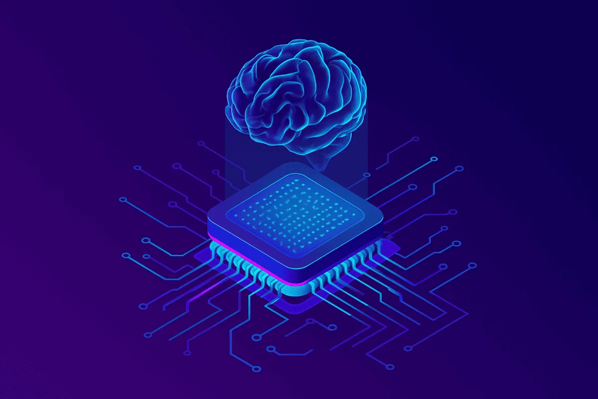 Ilustración de un procesador digital con cerebro representando la inteligencia artificial generativa