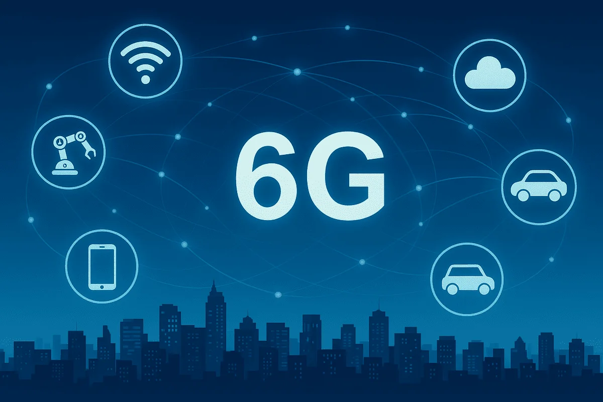 Infografía sobre redes 6G con íconos conectados y fondo urbano