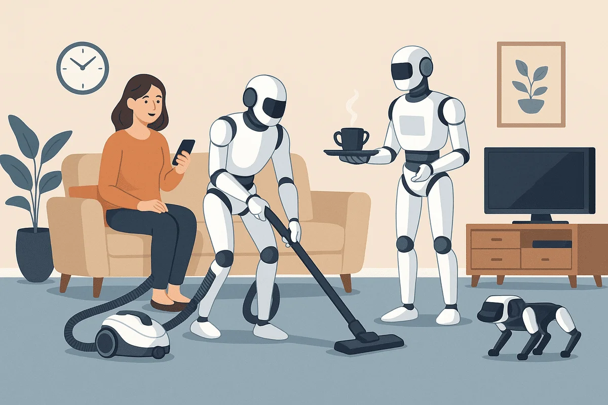 Escena ilustrada con robots asistentes ayudando a una persona en casa