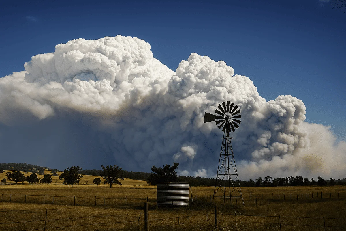 Incendio activo consumiendo un denso bosque montañoso con cielos cubiertos de humo