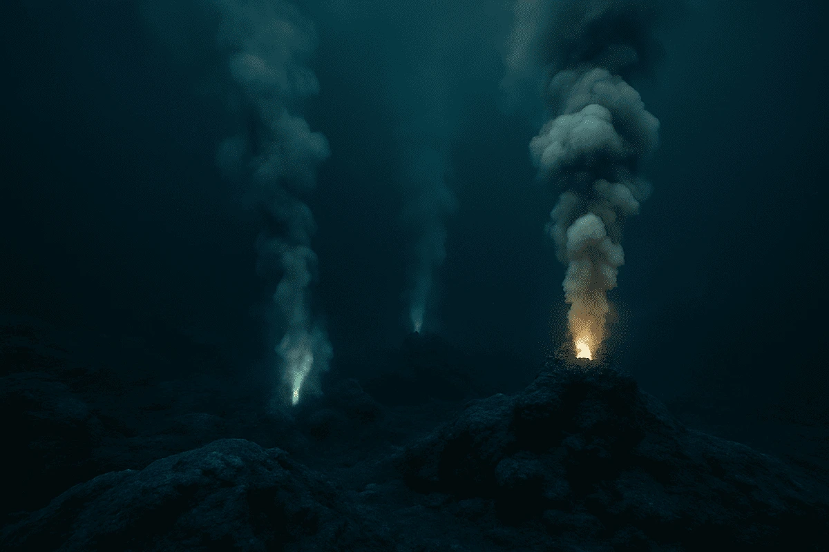 Tres columnas de humo surgen de fuentes hidrotermales submarinas iluminadas en un océano profundo