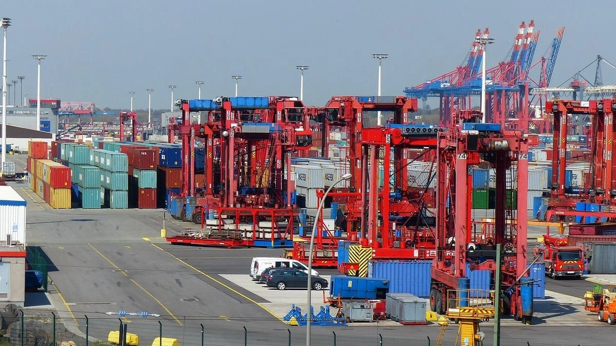 Infraestructura portuaria con grúas rojas y contenedores