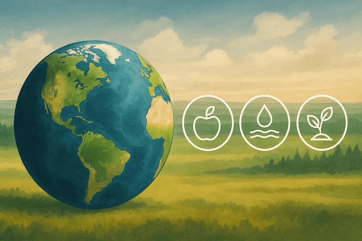 Ilustración del planeta Tierra con iconos de sostenibilidad ambiental