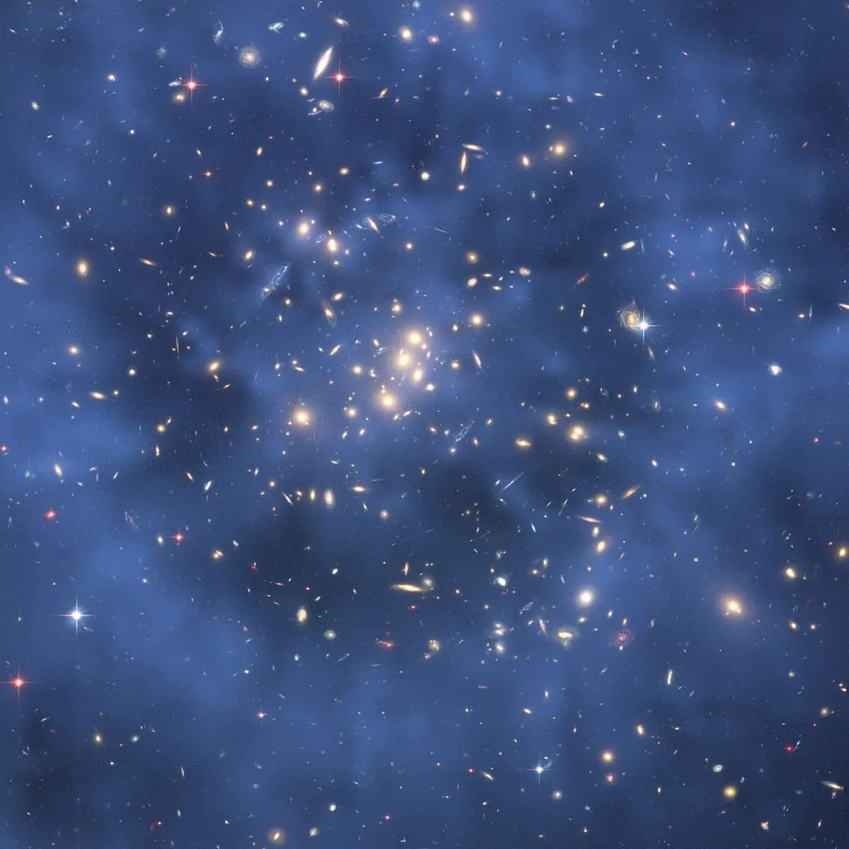 Cúmulo de galaxias CL0024+17 observado por el telescopio espacial Hubble, mostrando un efecto de lente gravitacional causado por materia oscura