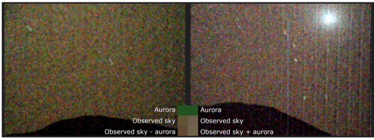 Comparación del cielo nocturno de Marte con y sin aurora visible en verde