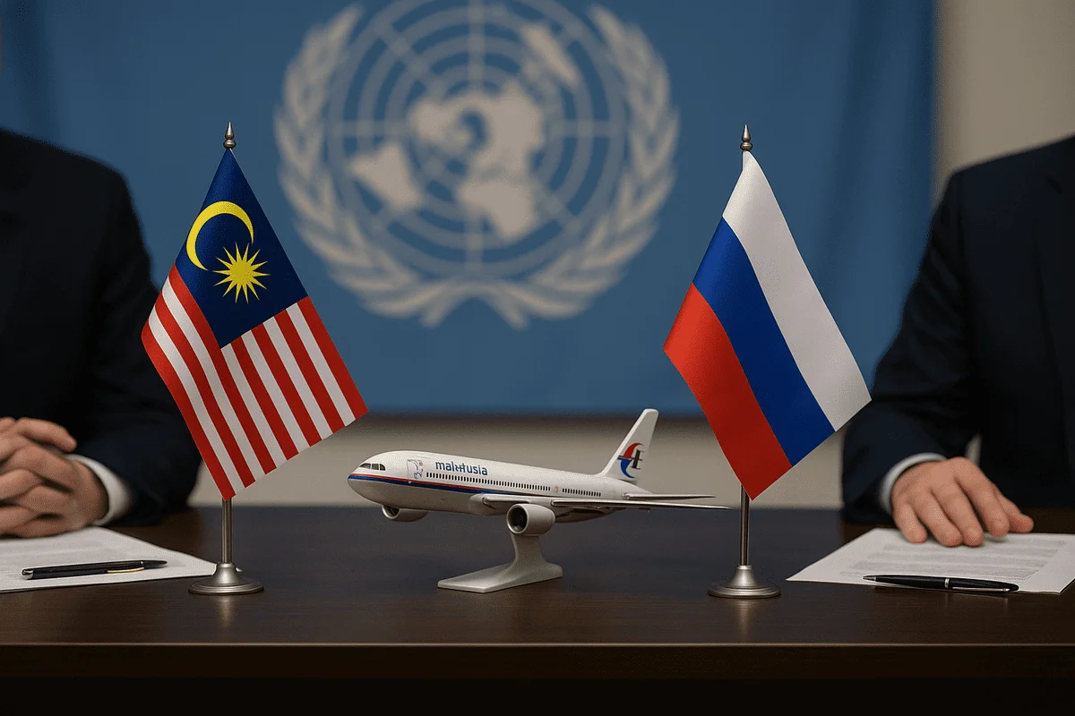 Banderas de Malasia y Rusia junto a un modelo del avión de Malaysia Airlines frente a la ONU