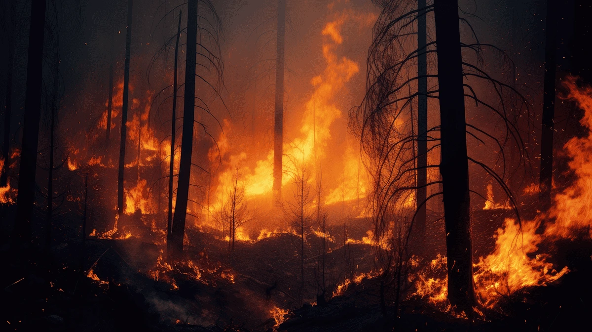 Fuego intenso avanzando entre árboles