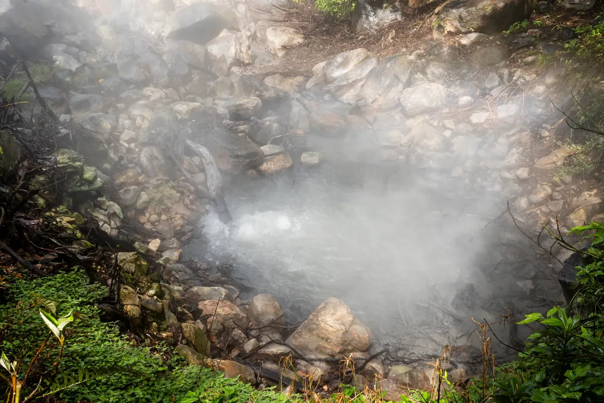 Poza termal con burbujeo de dióxido de carbono cerca del volcán Rincón de La Vieja, Costa Rica