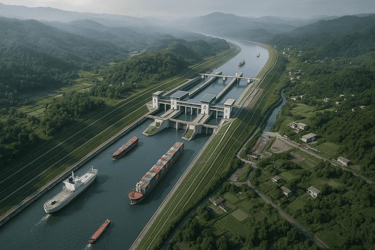 Vista aérea digital del canal Pinglu en China, simulando esclusas modernas y barcos comerciales