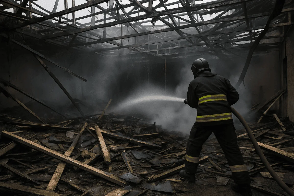 Bombero ucraniano combate incendios entre escombros en una estructura destruida tras un ataque con drones en Kiev