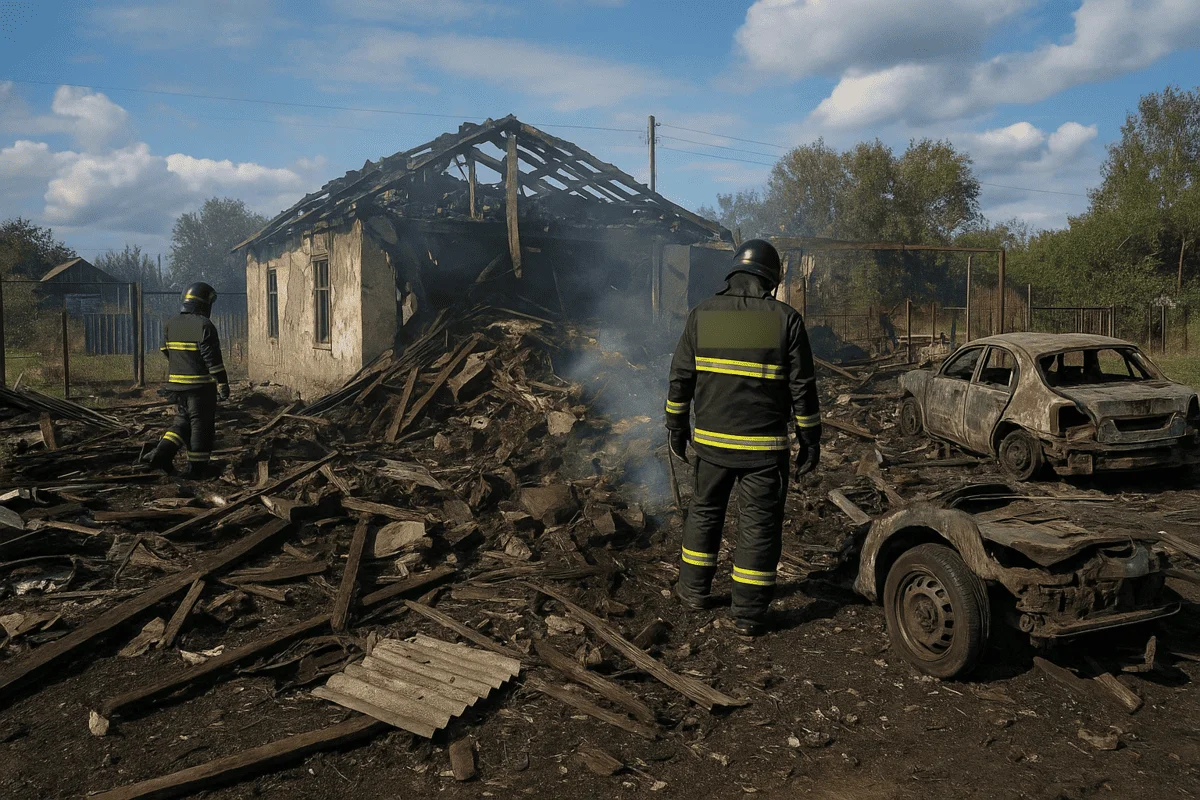 Bomberos ucranianos inspeccionan los restos calcinados de una casa y vehículos tras bombardeos recientes en Ucrania